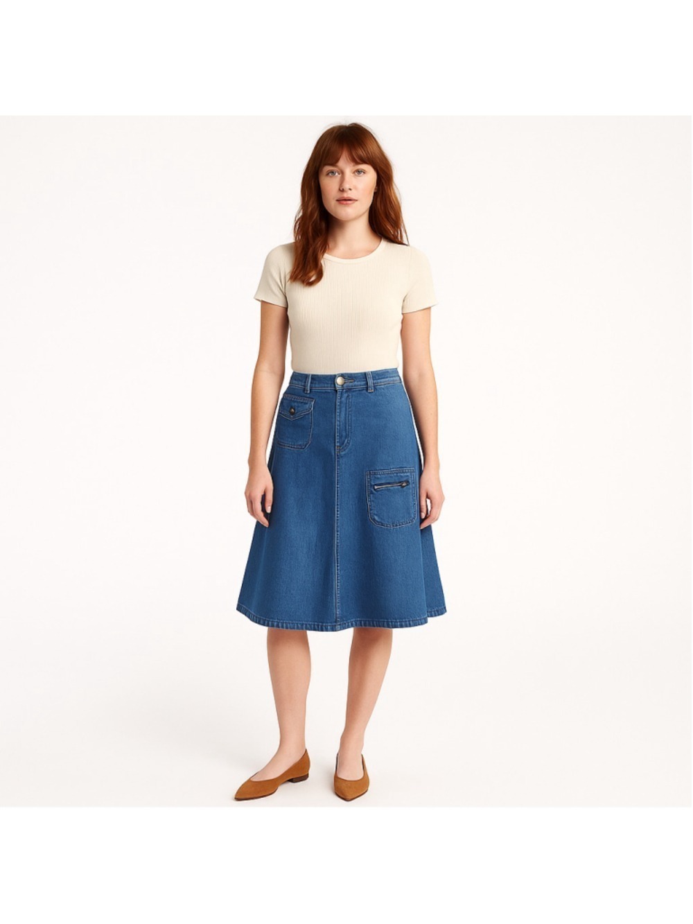 Vintage 70s A-Line Denim Midi Skirt Utility Pockets, Adjustable Waist 26-27” (S)